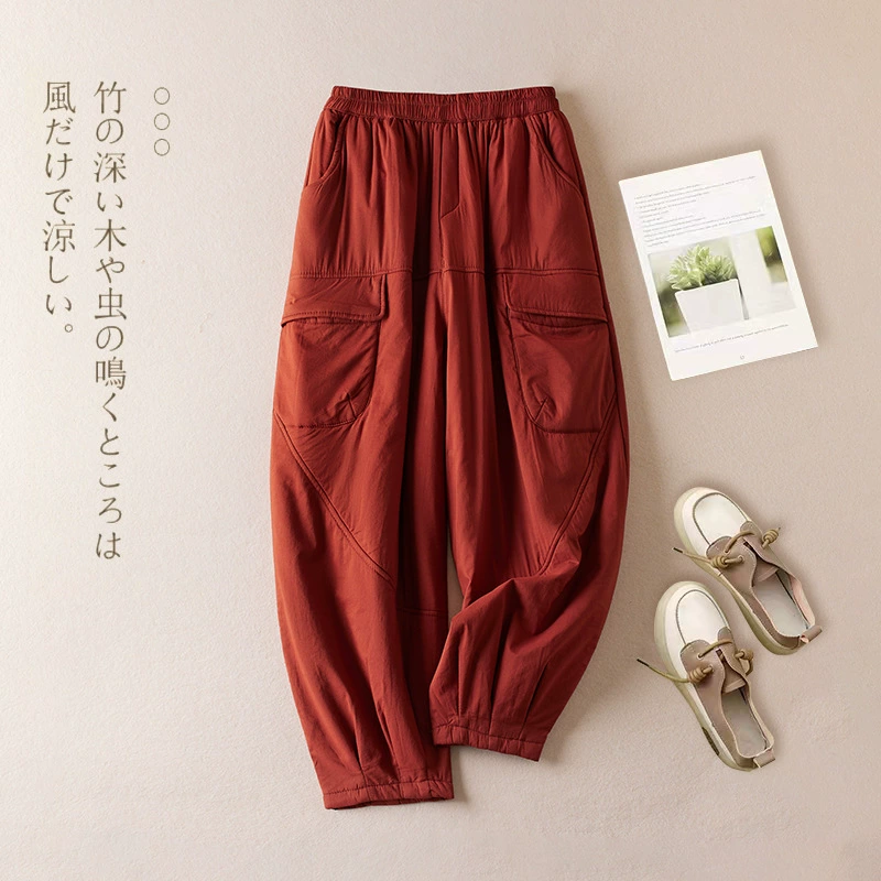 Реальная стрельба 2024 зимние новые ретро повседневные носить эластичный талию, халан, свободные толстые, теплые брюки, хлопковые брюки, женские