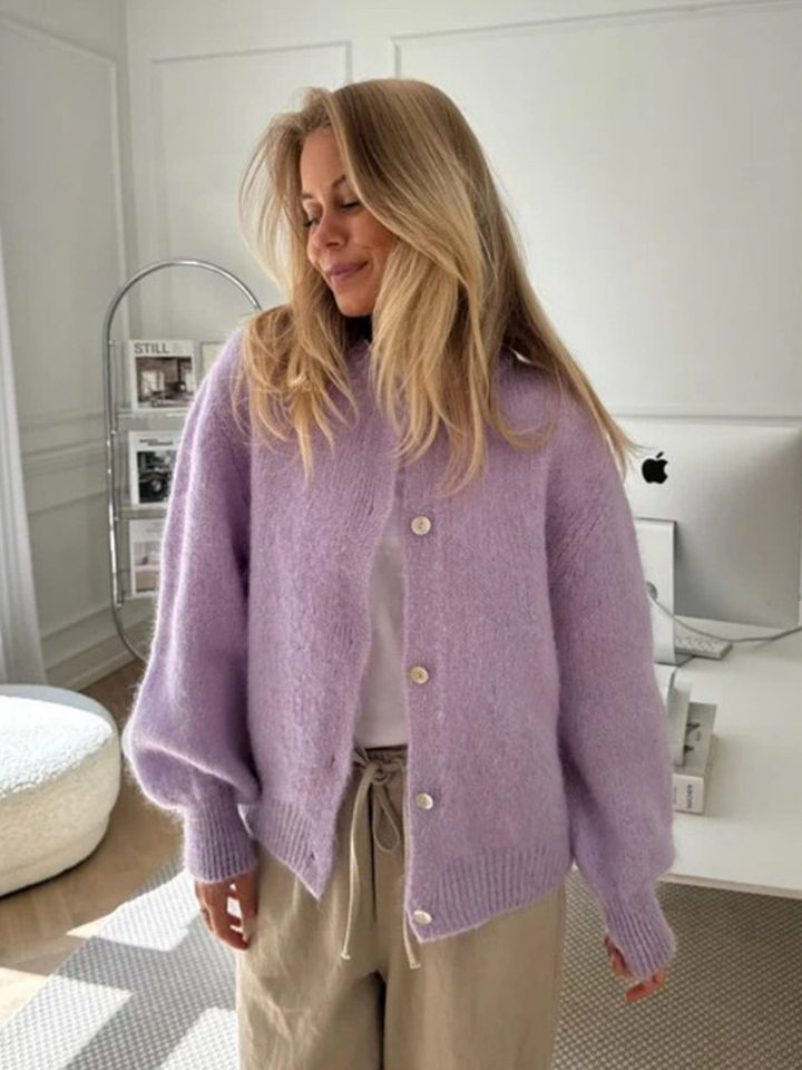 Áo cardigan len dệt kim dáng mỏng nhẹ cài nút một hàng, tay dài cổ tròn nữ — hoa hồng đỏ, màu be, màu cam, màu hoa cà chi tiết 65