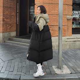 美式撞色拼接羽绒棉服女中长2025冬新款韩版宽松棉袄加厚保暖棉衣