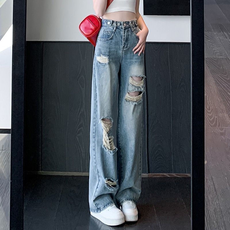 女性用の薄くてゆったりとしたワイドレッグジーンズ、春と秋の新しいレトロなリップドストレートパンツ、ハイウエストで肉感をカバーし、スリムに見えるフロアレングスパンツ|undefined