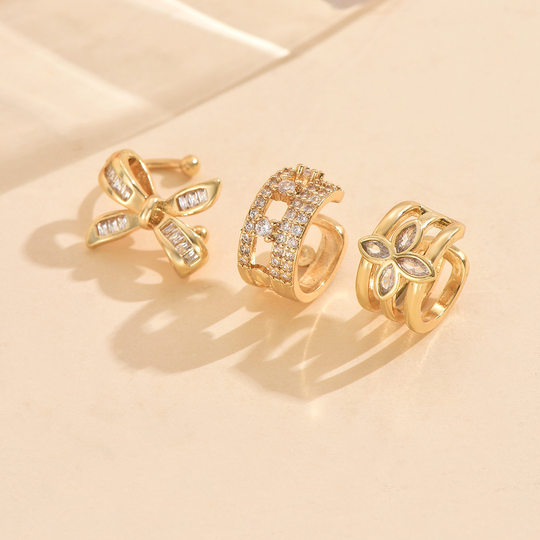 Cross-Border Good Goods Exquisite Bow Ear Bone Clip Gold Electroplated Copper Inlaid Zircon Earrings Non-Pierced Ear Clip Wholesale