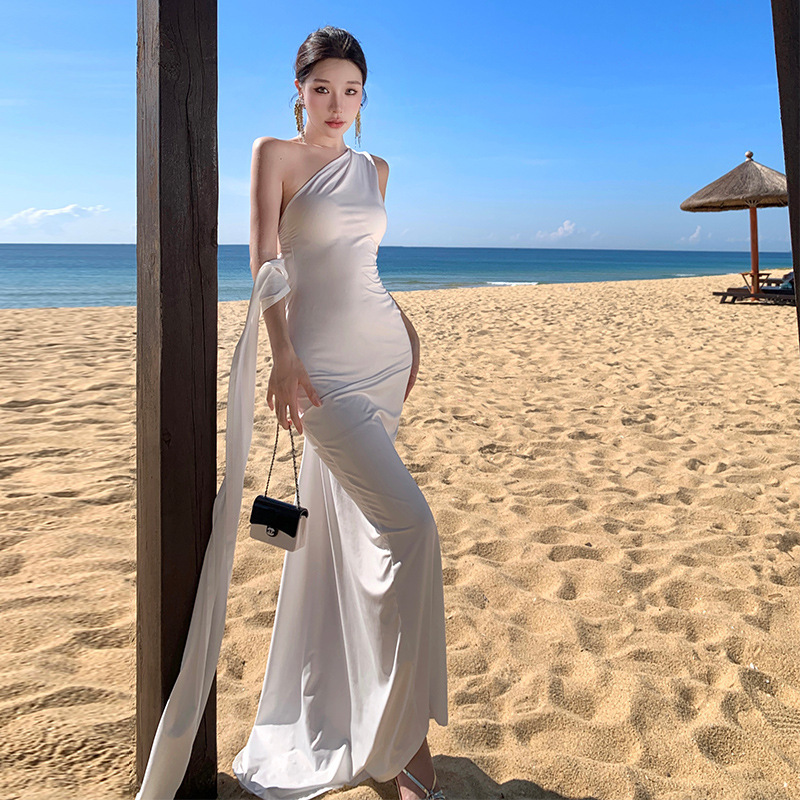 Ancient Greek Goddess One-shoulder Slant Collar Ribbon Knitted Skirt Venus Hollow-out Pleated Dopamine Holiday Beach Gown