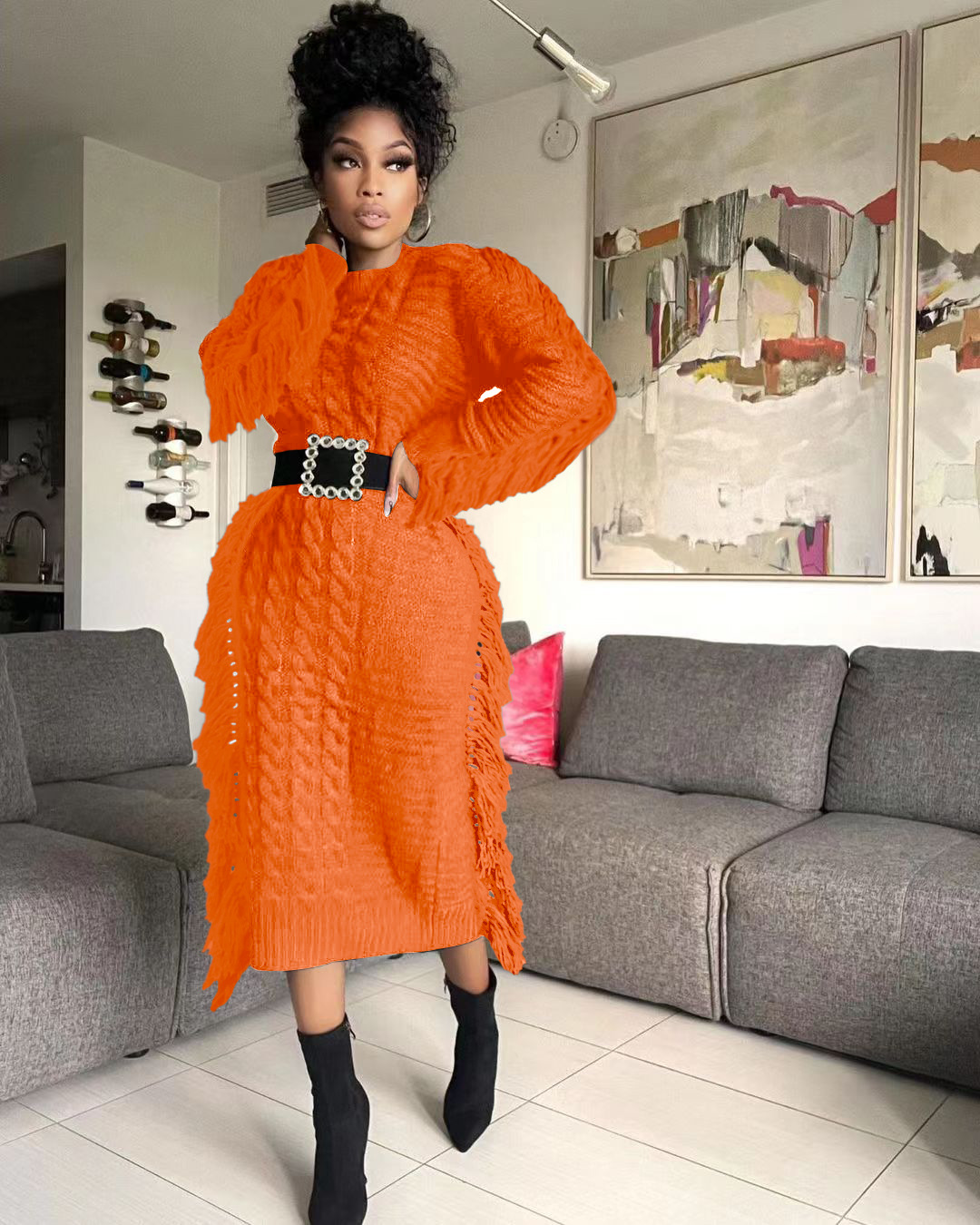 Robe pull femme avec franges longues en maille pour l'hiver_voghion.com