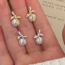 不规则蝴蝶结锆石珍珠耳环铜镀真金轻奢简约高级感小众精致耳环女