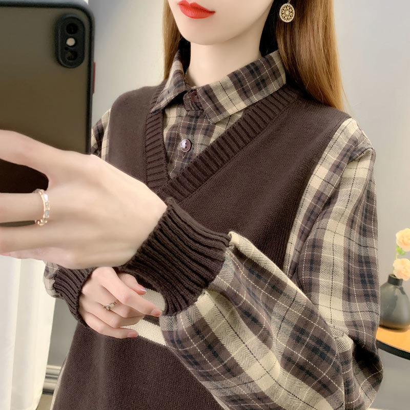 打底衫内搭洋气春秋2025新款爆款感毛衣针织衬衫假两件上衣女斯文|undefined