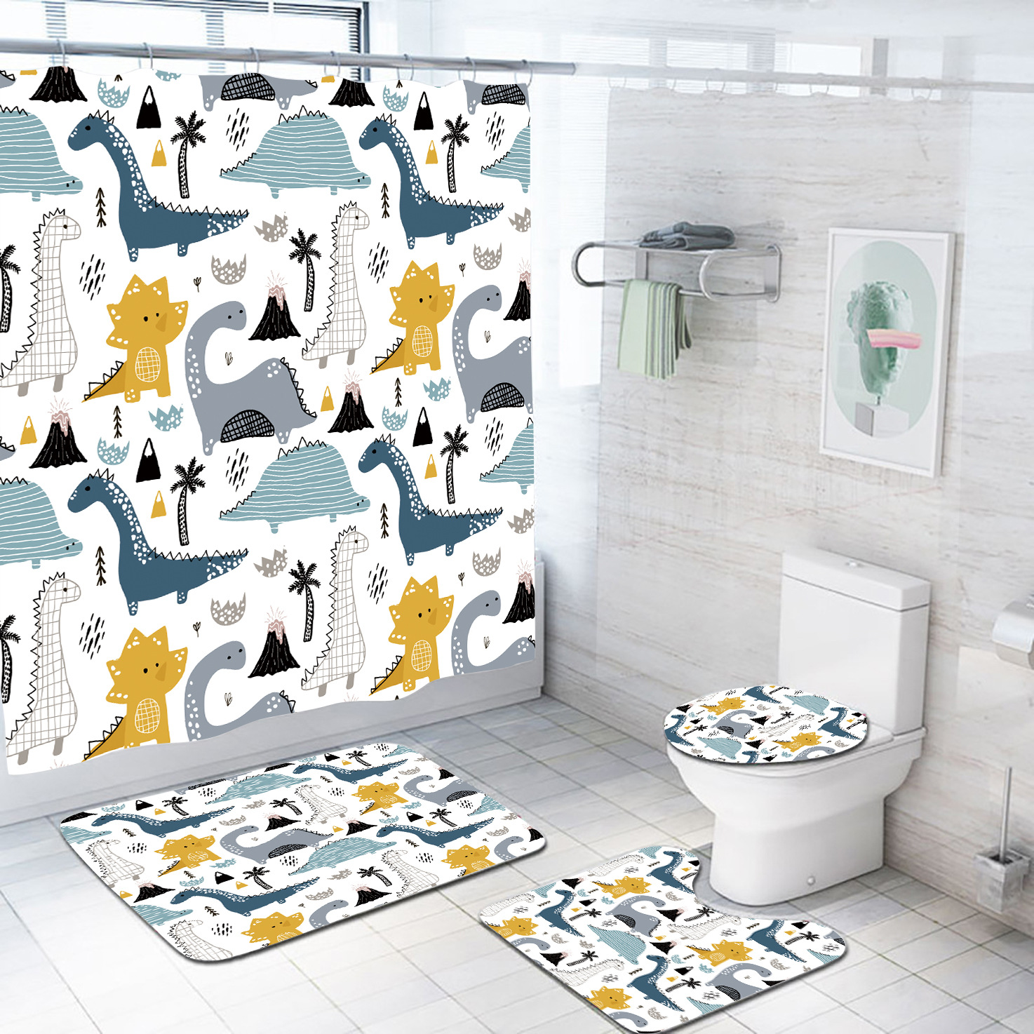Cortina de ducha impermeable de poliéster, diseño de dinosaurio, serie de 4 piezas