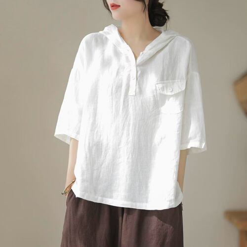Spring and summer new Chinese hooded top 2025 new T-shirt pure color casual style comfortable loose quarter sleeve women