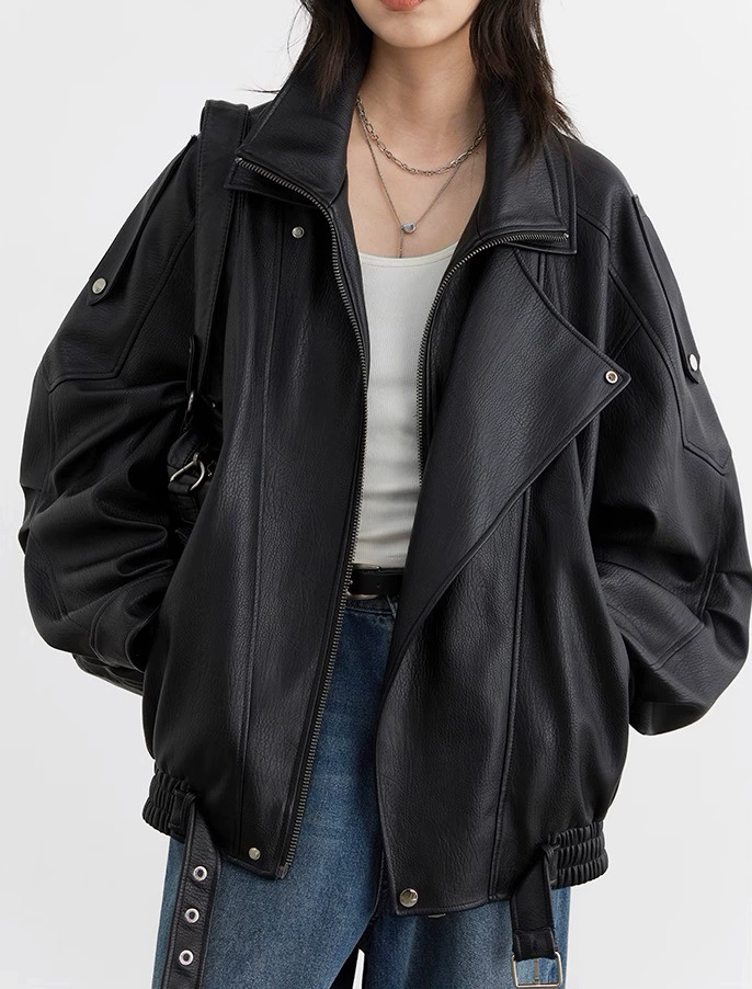 Retro polyurethane jacket, autumn, oversized fit, elastic hem, brown & black