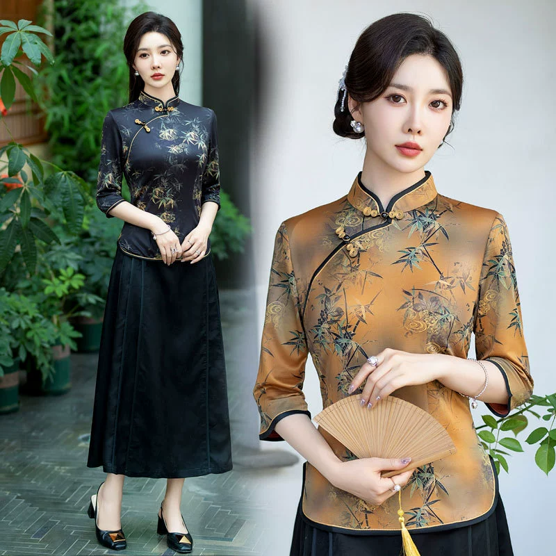 2024 новая женская одежда среднего возраста короткая имитация шелковая рубашка