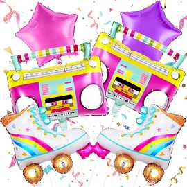 8090年代溜冰鞋收音机复古铝箔气球粉紫色五角星生日派对装饰跨境
