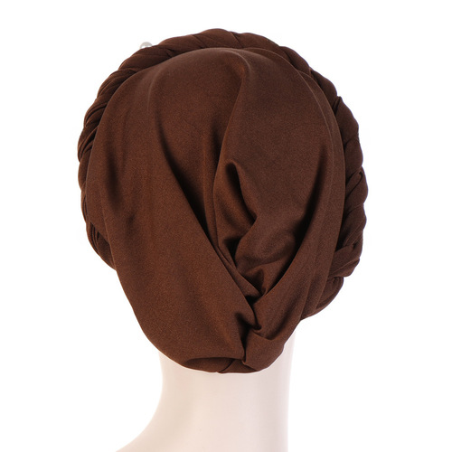 Amazon New Milk Silk Headscarf Hat Monochrome Single Braided Hat with White Pearl for Muslim Women