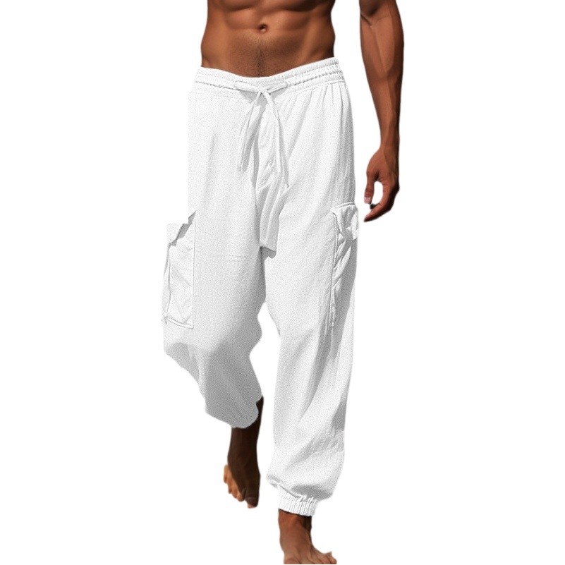 Pantalones deportivos casuales de lino para hombre, pantalones jogger delgados con múltiples bolsillos, pantalones holgados con cordón, pantalones cargo con múltiples bolsillos para hombre