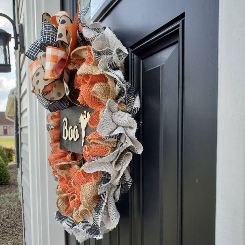 Maison & Jardin 2024 Nouvelle Couronne BOO Ornements de Porte Ruban en Tissu de Vacances Panneau en Bois Accessoires de Décoration d'Atmosphère_voghion.com