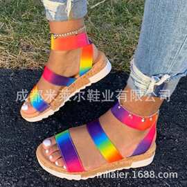 独立站外贸新款彩虹女凉鞋露趾不系鞋带的随意的休闲凉鞋Sandals