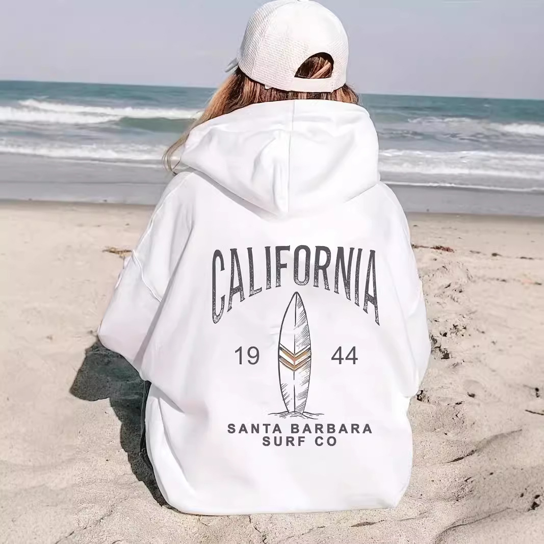 California Surf Print Kangaroo Pocket Hoodie Casual Long Sle