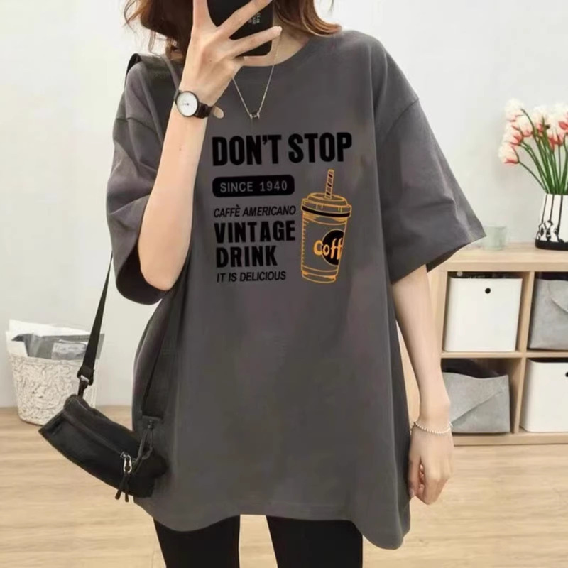 【Coffee Letters】 Summer Pure Cotton Printed T-Shirt for Women, Korean Style, Loose Fit, Round Neck, Unique Design, Niche Style Tee 【Coffee Letters】 Summer Pure Cotton Printed T-Shirt for Women, Korean Style, Loose Fit, Round Neck, Unique Design, Niche Style Tee