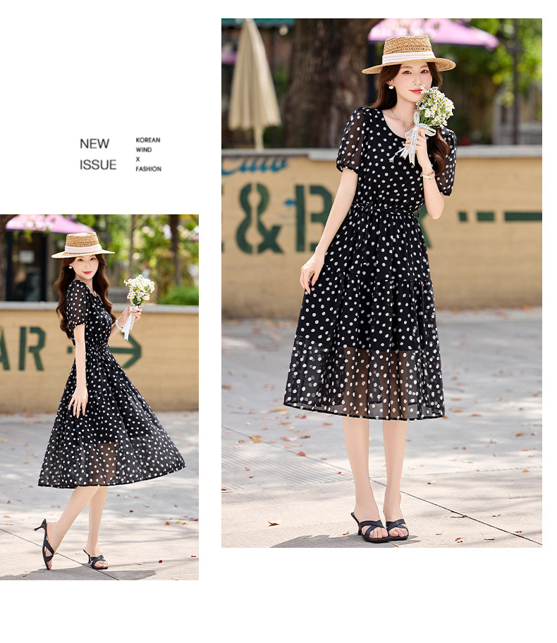 Đầm maxi nữ thắt eo chấm bi tay ngắn phong cách thời trang — màu đen, màu trắng chi tiết 16