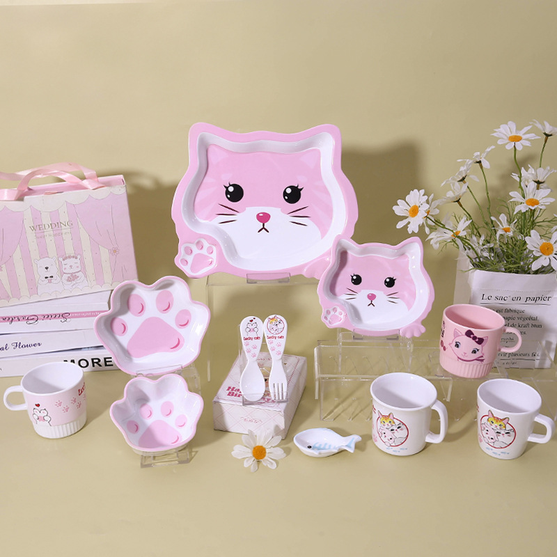 Vajilla de melamina para niños plato de arroz lindo gato plato de garra de gato plato de fruta de jardín de infantes plato de comer para niños comida de dibujos animados