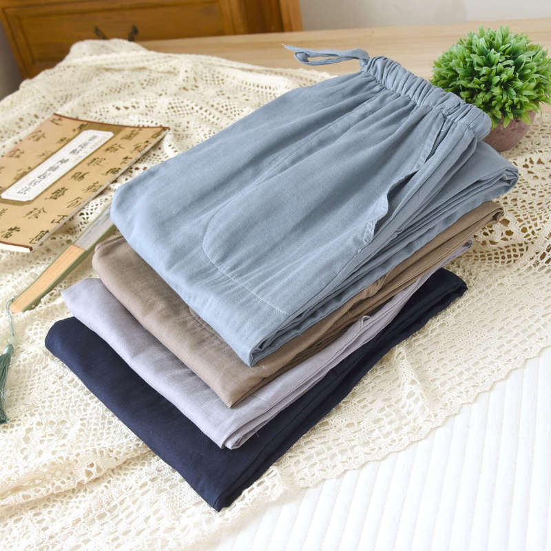 Japanese-Style Men's Cotton Gauze Pajama Pants, Spring and Autumn Thin Washed Cotton Long Pants, Home Summer Loose Casual Loungewear Pants Japanese-Style Men's Cotton Gauze Pajama Pants, Spring and Autumn Thin Washed Cotton Long Pants, Home Summer Loose Casual Loungewear Pants