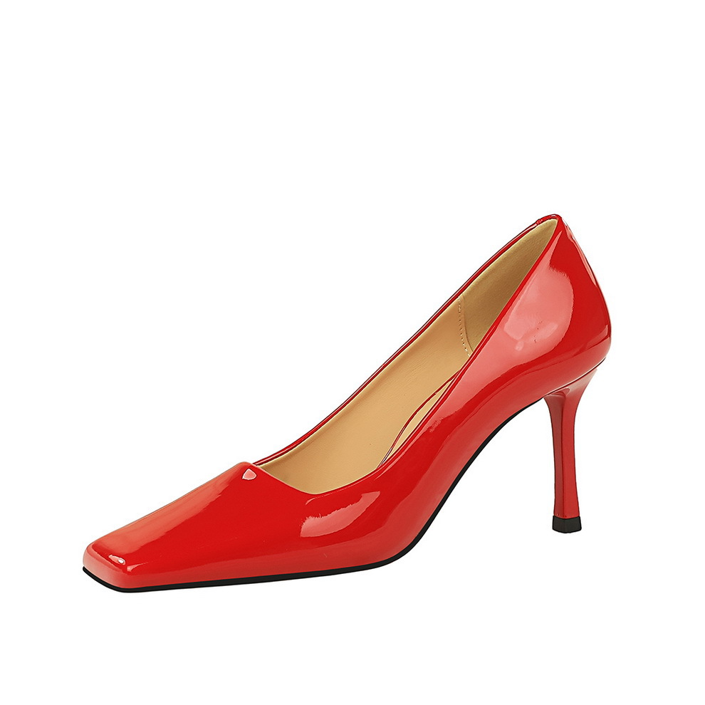 Shiny high heels patent leather, slim heels, light cut, square toe, single shoes for women_voghion.com