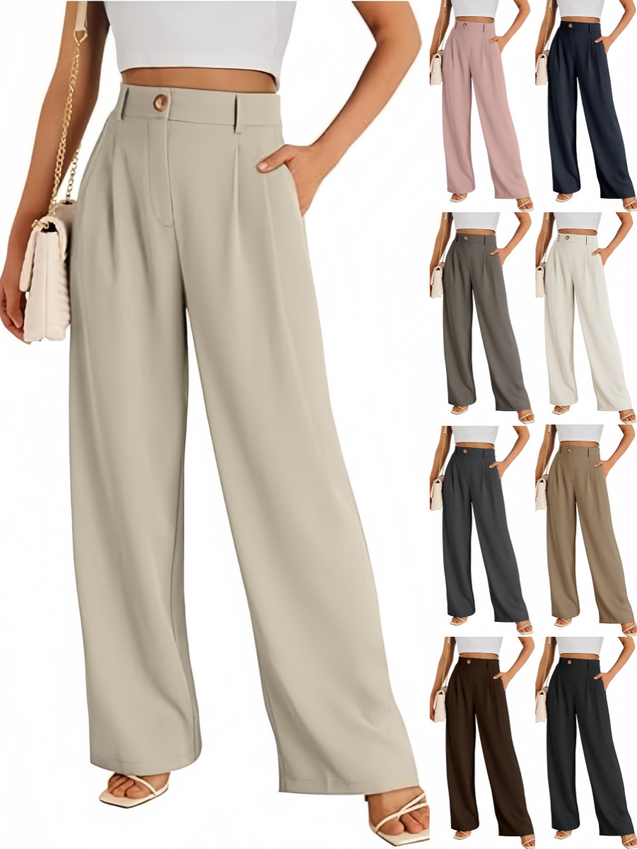 Cross-Border Amazon European and American New Style Pocket Dress Pants Wide-Leg Formal Pants Women's High-Waisted Business Casual Work Trousers