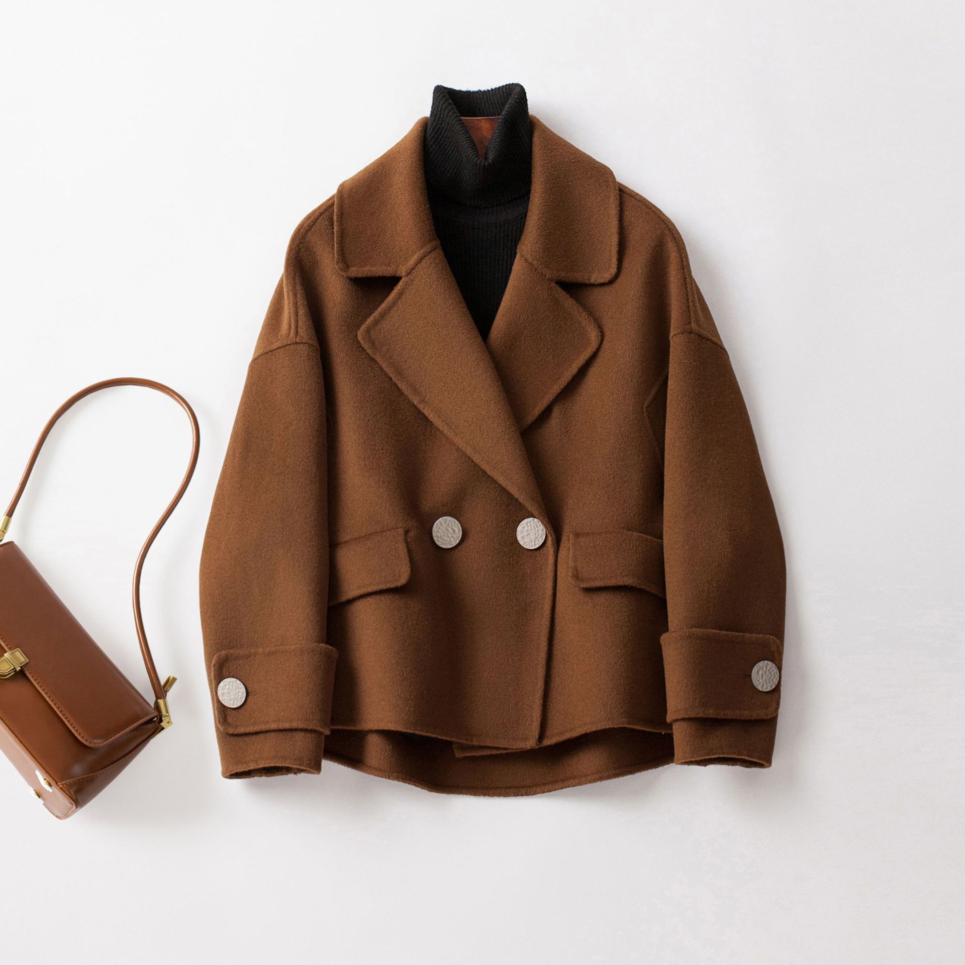 851 # 2025 New Spring Double-Sided Woolen Short Cocoon-Shaped Korean-Style Wool Coat for Women in Candy Solid Color