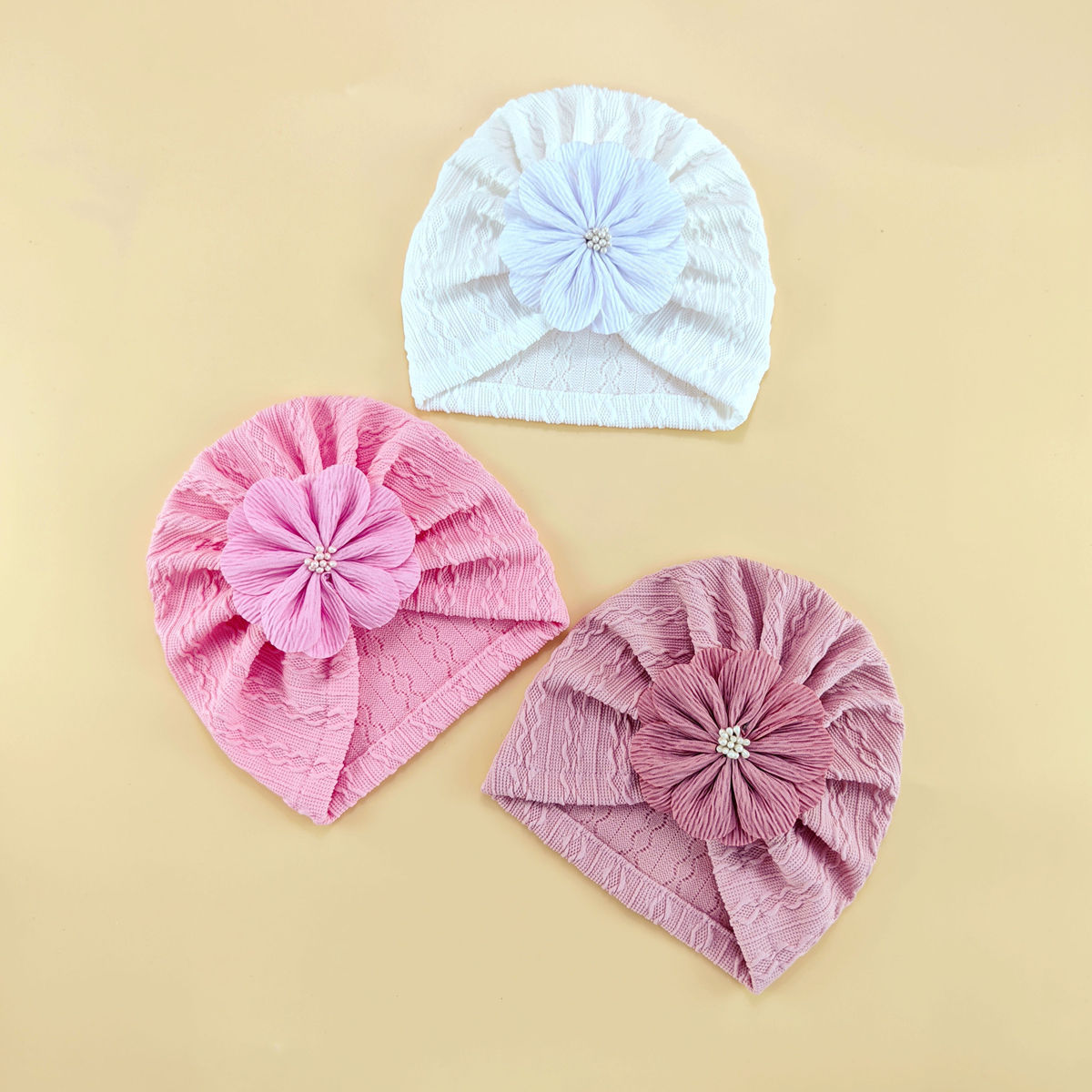 跨境货源婴儿帽外贸款弹力提花针织帽宝宝花朵印度帽婴儿胎帽现货