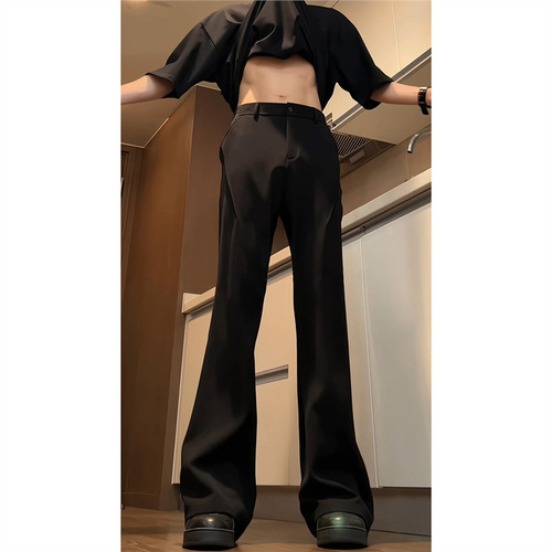Men's Black Straight Leg Pants for Spring and Autumn, Bended Blade Micro-Drop Western Pants with Drooping High-End Casual Suit Long Pants