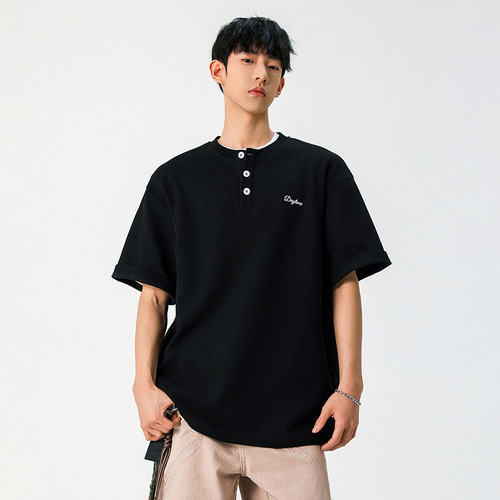 Light Luxury Old Money Texture Waffle-Weave Short-Sleeve T-Shirt for Men, Summer Style – Henry Collar Polo Shirt, 260g, Relaxed-Fit Tee