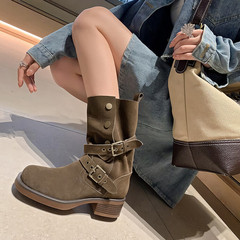 皮帶扣休閒馬丁靴女中靴秋冬新款牛翻皮圓頭純色粗中跟真皮單靴女