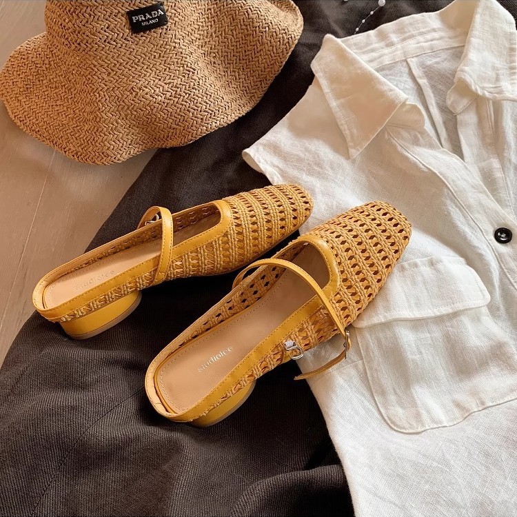 Grape Mom studiolee retro tejido cuadrado hueco cabeza de una palabra con sandalias de tacón grueso Muller media pantuflas mujer verano