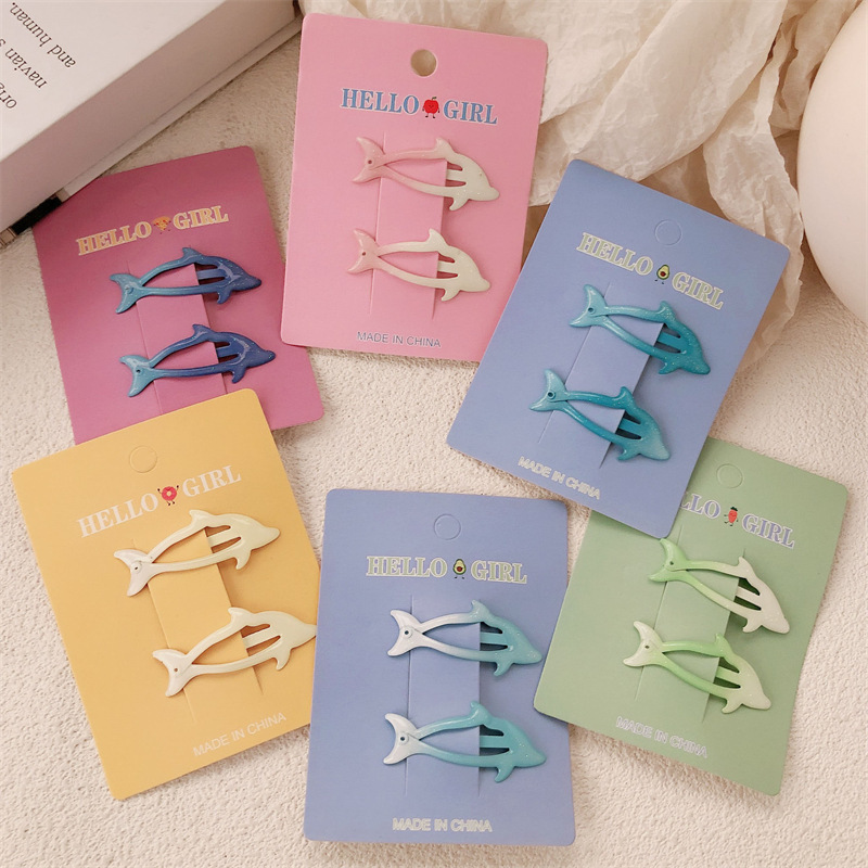 Pair of Gradient Blue Dolphin Hairpin New Style Girl's Broken Hair Side bb Clip Cute Fish Hairpin Headwear