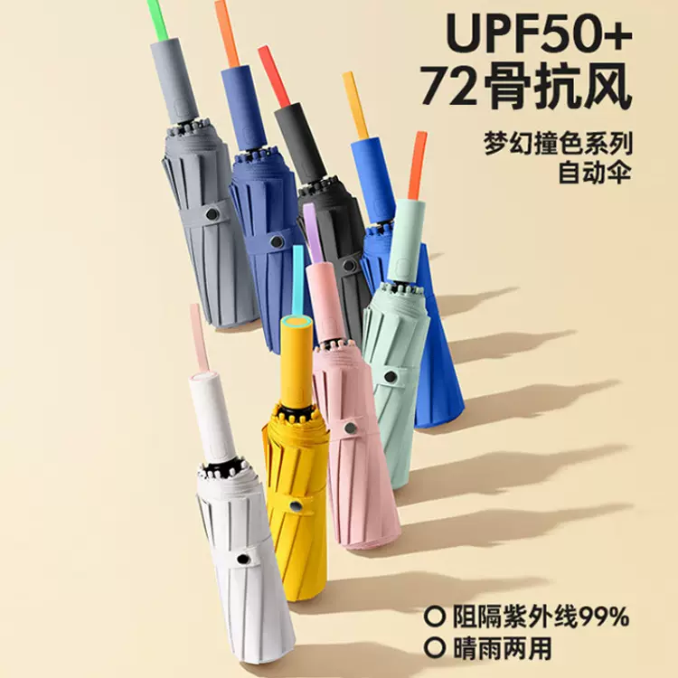 72骨结实全自动遮阳伞撞色手柄防晒晴雨两用折叠大号男士三折雨伞
