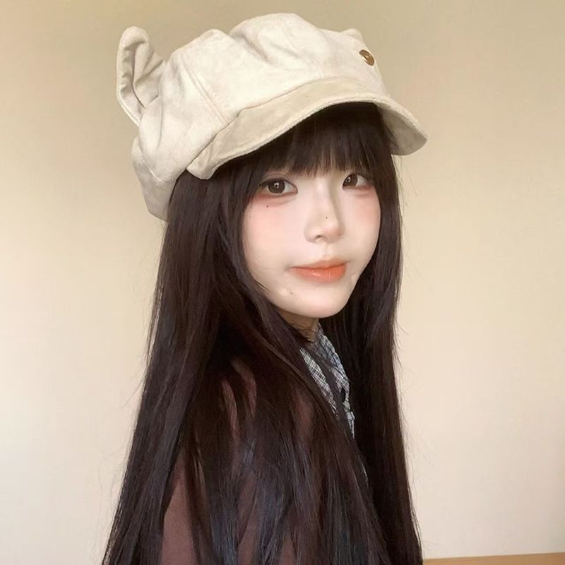 麂皮绒猫耳贝雷帽子女秋冬季新款纯色复古百搭八角帽显脸小画家帽|undefined