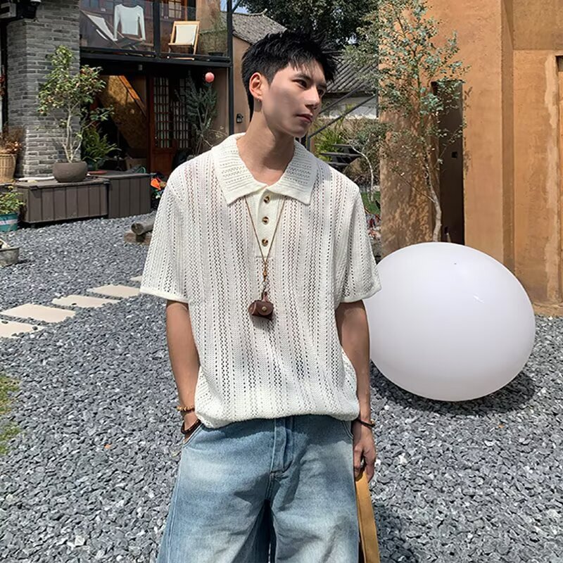 European and American Fashion Summer New Men's Casual Knitted Cardigan White Short-Sleeved Tops Men's Shirts Cut Out Men's Clothing