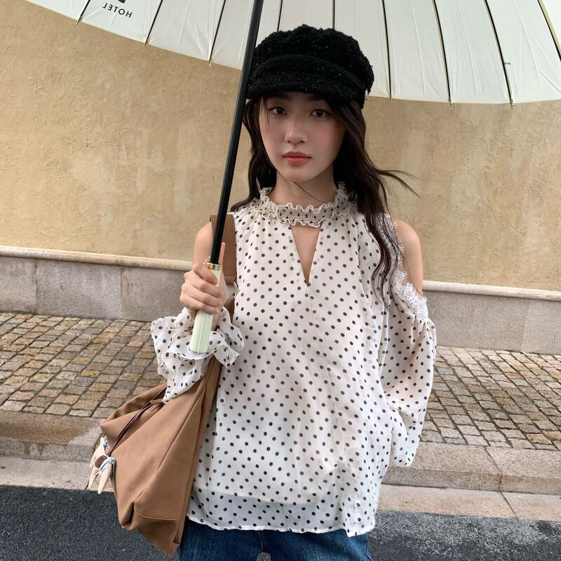 Interpreting Beauty Newopen 25 Autumn Vintage French Lace Polka Dot Bell Sleeve Halter Neck Off-Shoulder Blouse for Women F6823