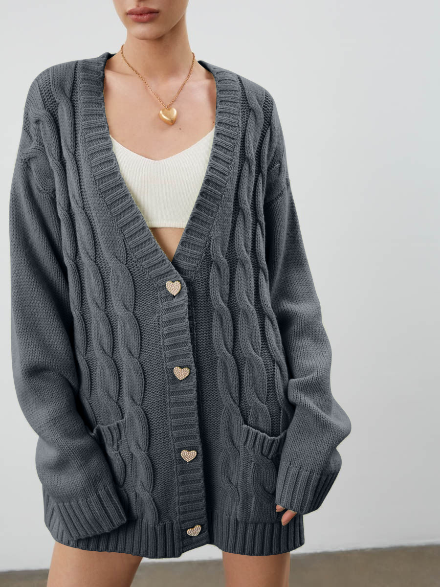 2024 Autumn/Winter New Sweater Lazy Style Loose Medium to Long Knitted Cardigan Coat Women's Love Button_voghion.com
