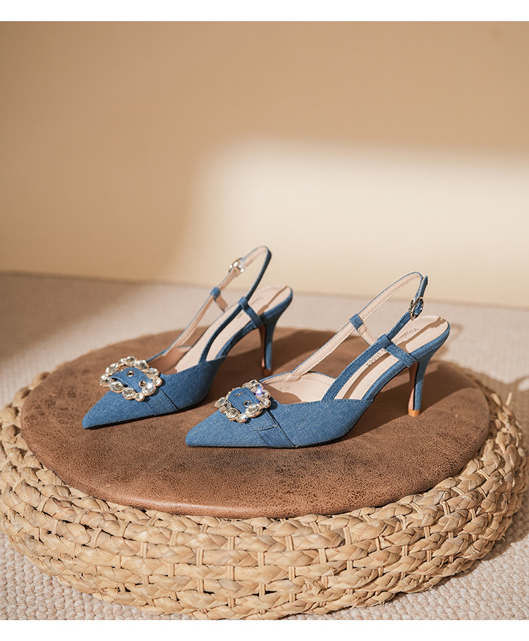 7755-5 Denim Blue Style Belt Buckle Closed Sandals Front Open Back Thin Heel High Heels Commuting_voghion.com