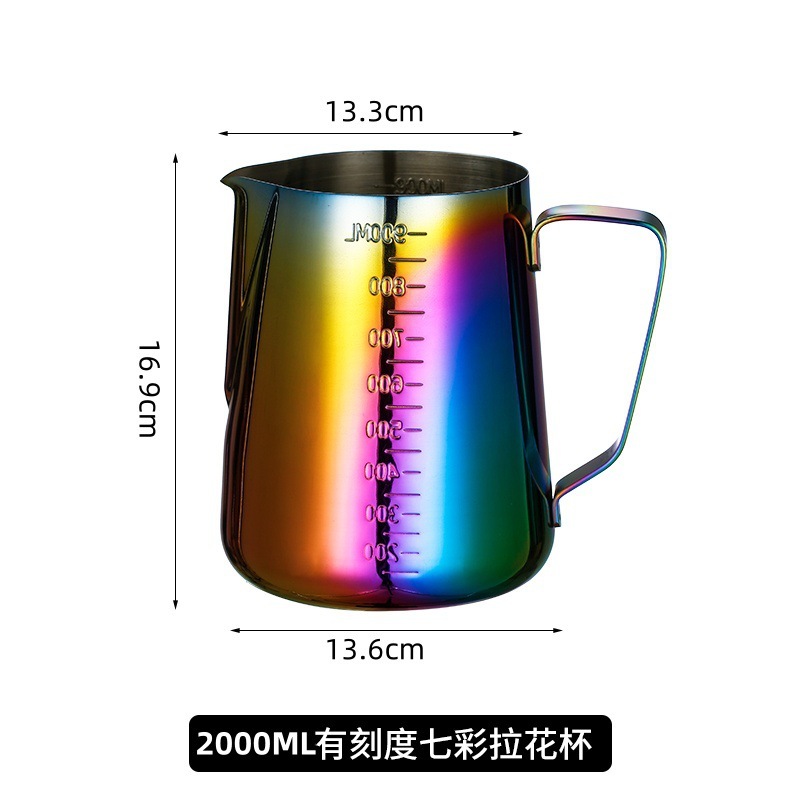 日本製304ステンレス鋼目盛り付きハンドル付き尖った口のラテアートカップ、コーヒー専用ミルク泡立て器、ミルクフォームカップ、ラテアートカップ|undefined