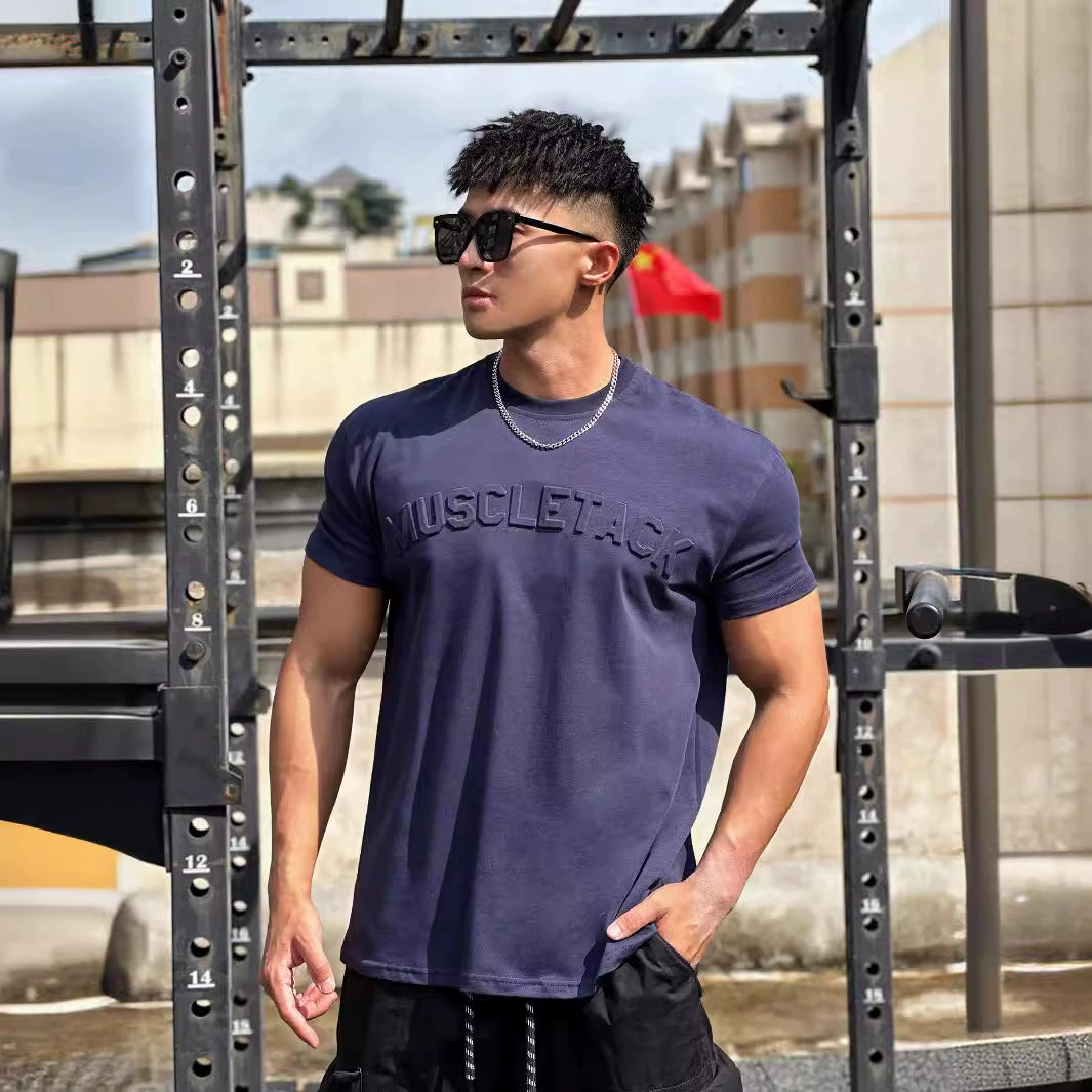 Мышечное упражнение Свободный хлопок фитнес с короткими рукавами мужской баскетбол осенний бег тренировка эластичная спортивная футболка с круглым вырезом