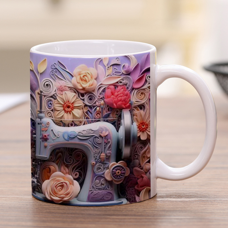 Impresión de taza de efecto de máquina de coser 3D, impresión de taza de cerámica transfronteriza, impresión de espacio LOGO, taza de cerámica blanca creativa