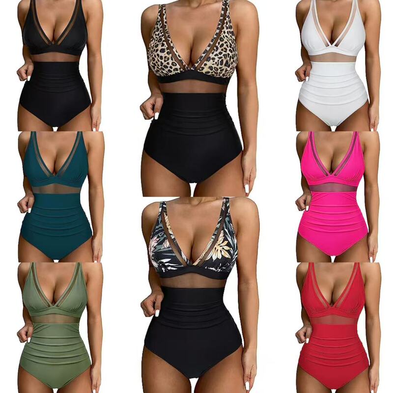 European and American Cross-Border Swimwear Hot-Selling One-Piece Swimsuit Sexy Hollow-Out Mesh Deep V Gathered See-Through Bikini European and American Cross-Border Swimwear Hot-Selling One-Piece Swimsuit Sexy Hollow-Out Mesh Deep V Gathered See-Through Bikini