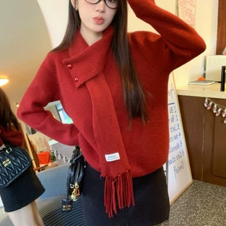 温柔新潮圣诞红色可拆卸围巾毛衣女新年穿搭复古冬季宽松针织上衣