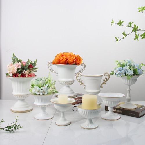 European retro white high-footed flower pots, artificial flowers, metal flower pots, wedding props, dried flower vases, small flower ornaments