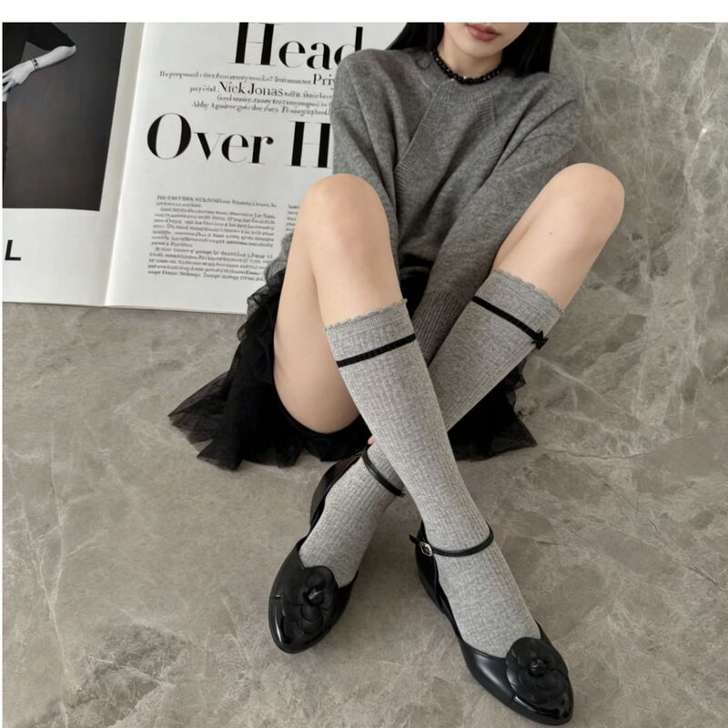 Lolita Socks with Solid Color Bows and Short Skirts, Mid-Calf Jk Style for Girls, New Spring/Summer Collection!