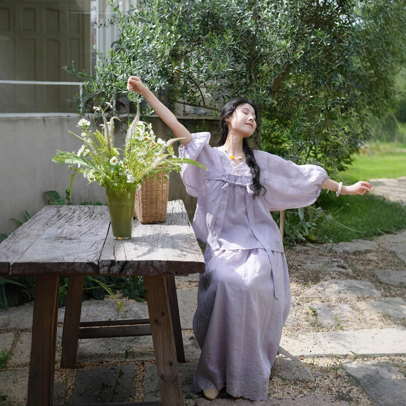 Guofeng suit Women's High-grade Cool Feeling Ramie Fog Purple Embroidered Top Skirt Sling Three-piece Set