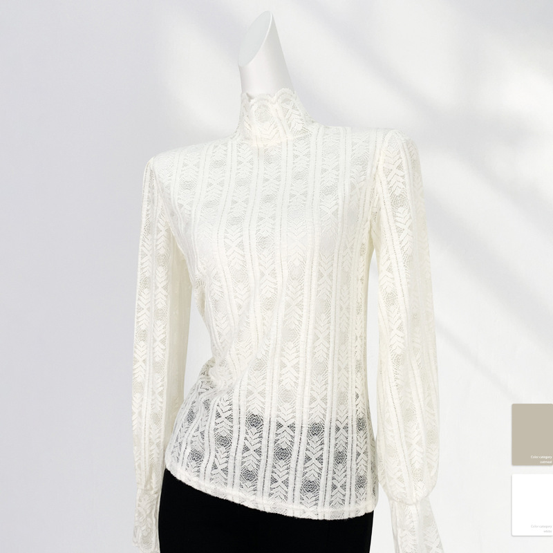 Women's full-body fleece-lined high collar brushed lace bottoming shirt autumn and winter long sleeve lace mesh top