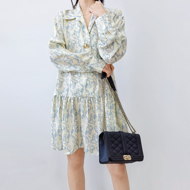 Special Offer: French-Style Romantic Anchor Print Polo Collar Long-Sleeve Silk Twill Dress, Mulberry Silk Midi Dress