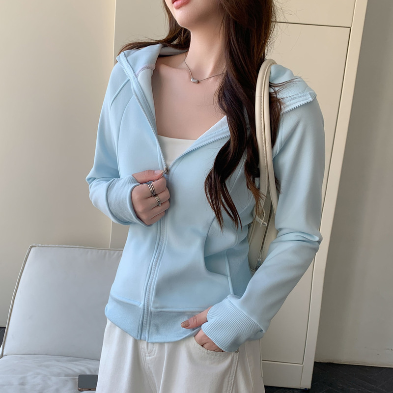 1201 Carefully Selected Korean Style Flap Pocket Pants Hooded Zipper Sweatshirt for Women Spring & Fall Long-Sleeved Slim Waist High-End Velvet Jacket