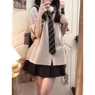 Zh Student Party Skirt Women's Summer New Retro Stripesd Shirt Women's Campus Style Layered Short-Sleeved Jk Uniform Suit